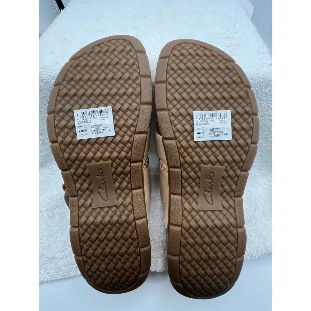 CLARKS REILEIGH PARK DOUBLE STRAP LEATHER COMFORT THONG SANDAL BEIGE NUBUCK 9M